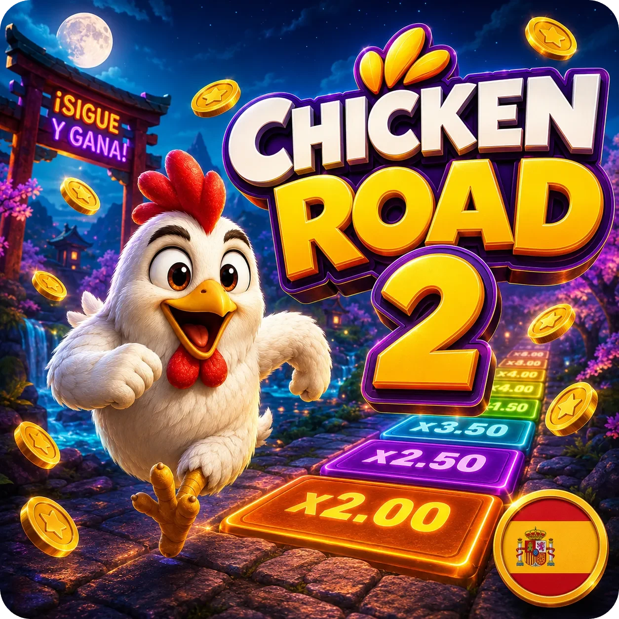 Chicken Road 2 con camino de multiplicadores y sello de España