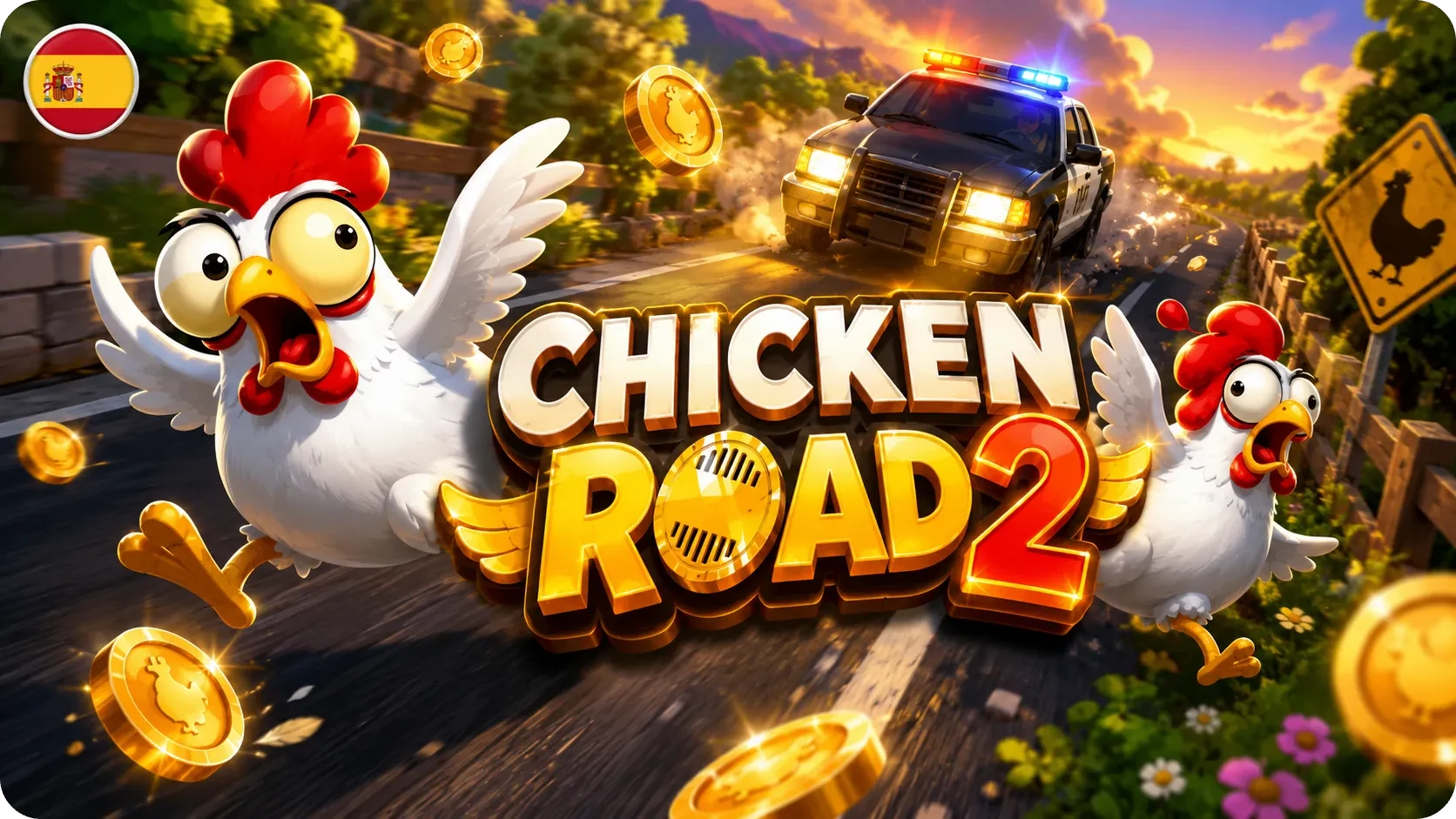 Chicken Road 2 con carretera, monedas y coche de policía