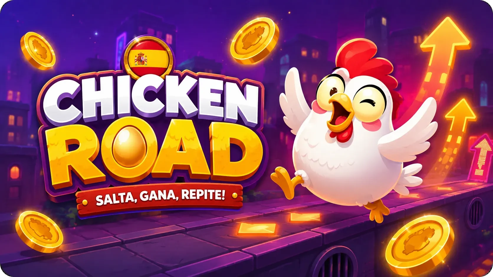 Creativo de Chicken Road 2 con gallina, monedas y mensaje de salto y repetición