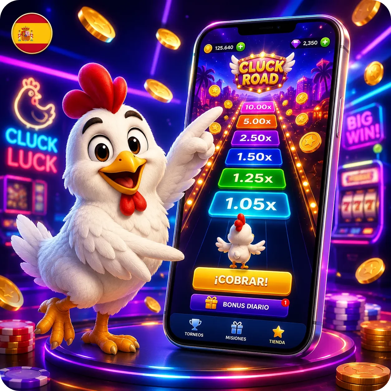 Chicken Road en móvil con multiplicadores y botón de cobrar