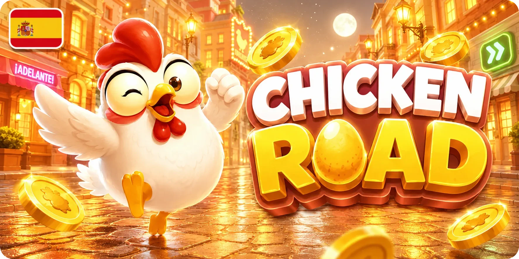 Banner principal de Chicken Road España con gallina y monedas