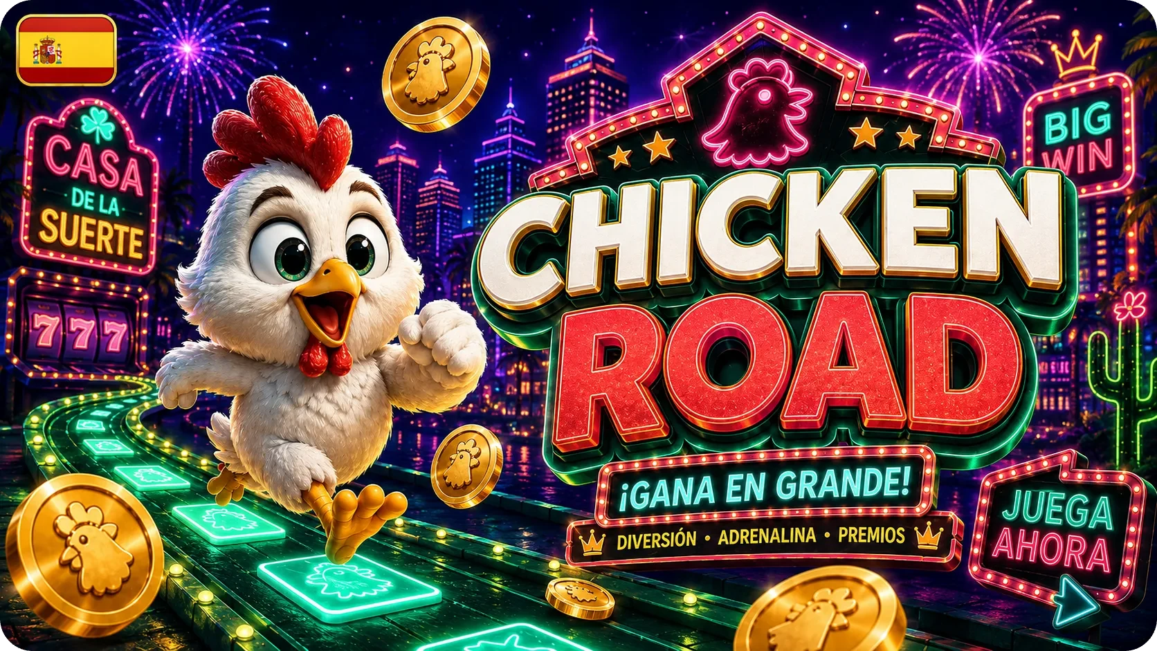 Chicken Road en casino online con monedas y luces de neón