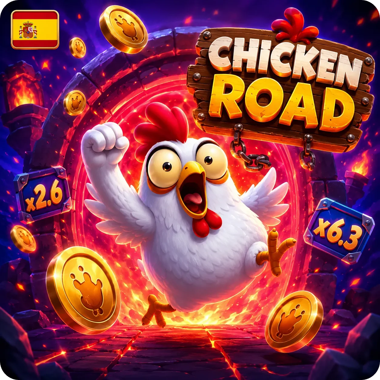 Gallina de Chicken Road rodeada de monedas y multiplicadores durante una ronda rápida